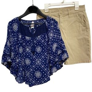 JUSTICE Top Shorts Set 2-Pieces Size 12 Blue Tan Boho Classic Bermuda Length